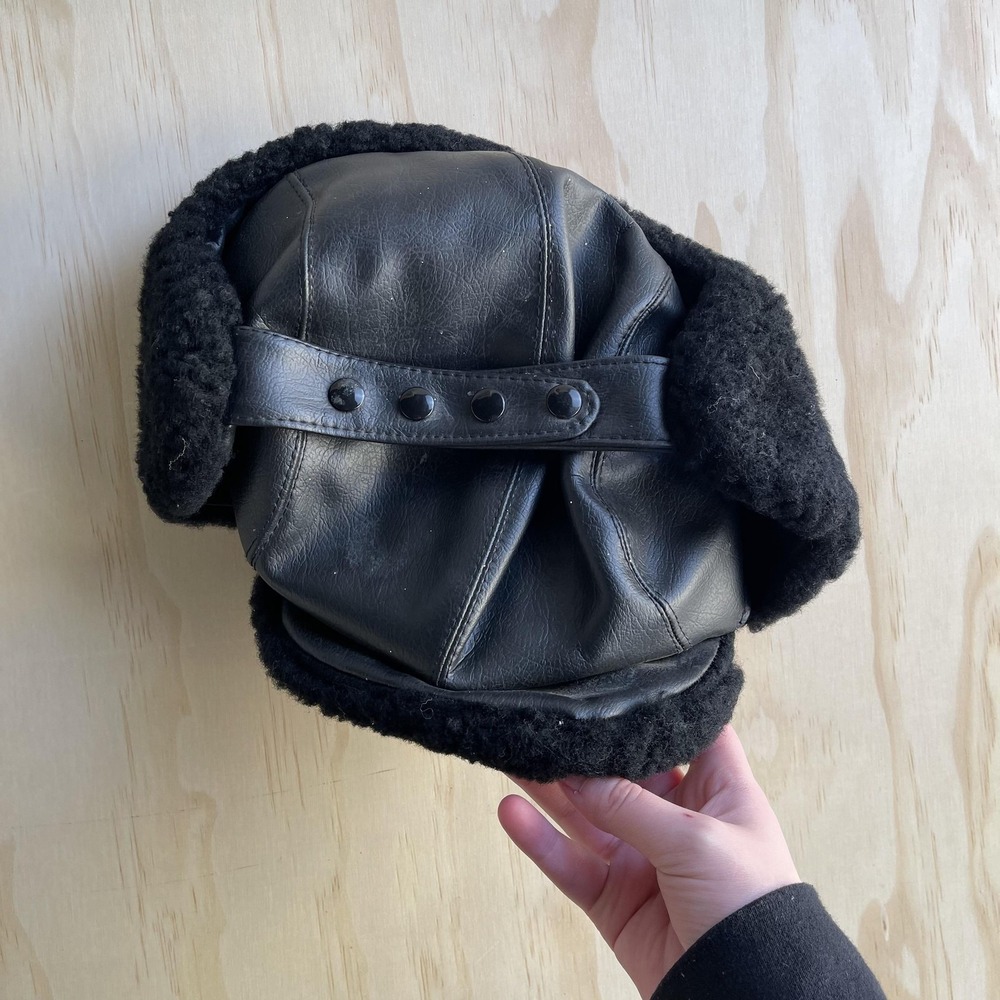 Leather Hat Trapper Fitted Mens 7 1/2‎ Black Ear Flap Winter Made USA Heavy Duty
